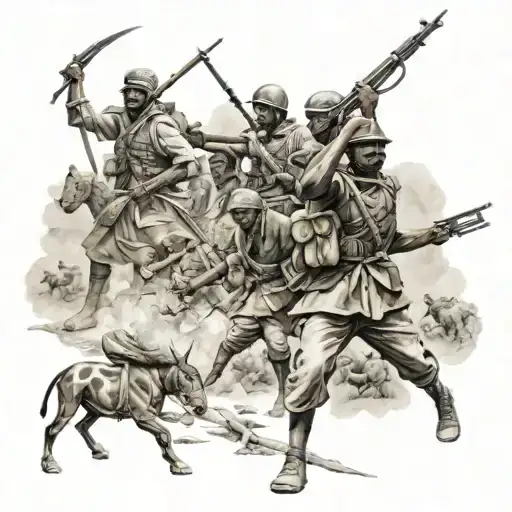 Create a detailed black and grey tattoo of a war scene from Somali history, with elements of the country's wildlife intertwined tattoo design idea