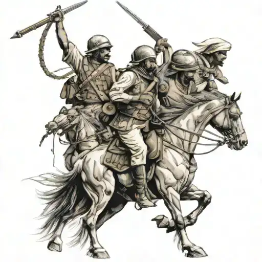 Create a detailed black and grey tattoo of a war scene from Somali history, with elements of the country's wildlife intertwined tattoo design idea