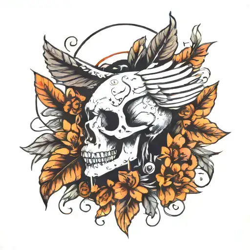 human and bird skull hybrid creature combining elements tattoo design idea