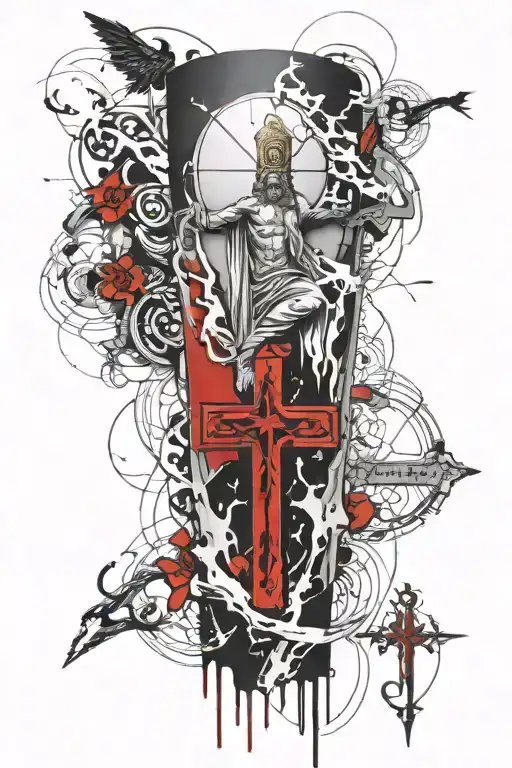 Calf sleeve tattoo featuring elements of christianity such as cross, Jesus Christ, empty tomb,Holy Spirit,Holy Father... tattoo design idea