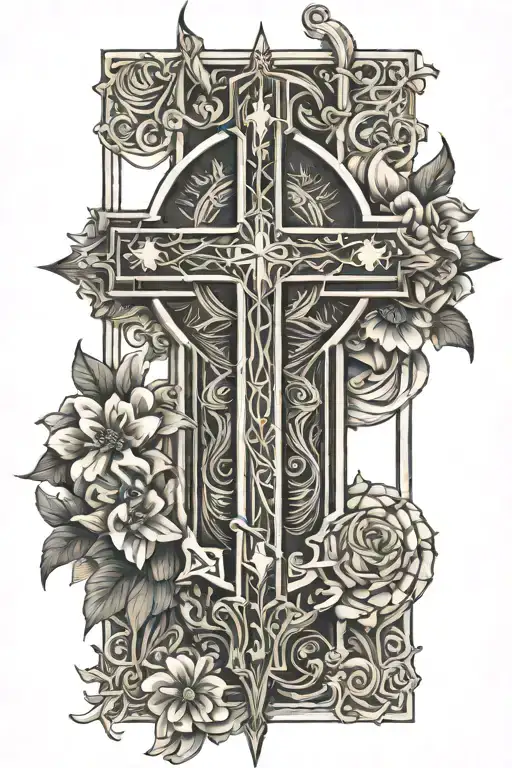 Calf sleeve tattoo featuring elements of christianity such as cross, Jesus Christ, empty tomb,Holy Spirit,Holy Father... tattoo design idea