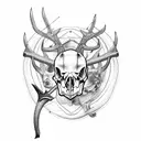 A muscular figure holding a compound bow and fishing rod, with a deer skull in the background tattoo design idea