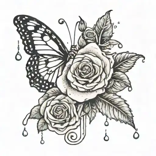 Butterfly and Rose with a rain drop falling off the pedal tattoo design idea