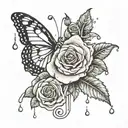 Butterfly and Rose with a rain drop falling off the pedal tattoo design idea