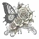 Butterfly and Rose with a rain drop falling off the pedal tattoo design idea
