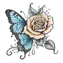 Butterfly and Rose with a rain drop falling off the pedal tattoo design idea