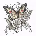 Butterfly and Rose with a rain drop falling off the pedal tattoo design idea