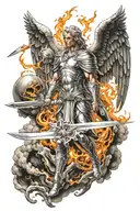 Archangel with sword in one hand and fireball in other tattoo design idea