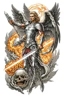 Archangel with sword in one hand and fireball in other tattoo design idea
