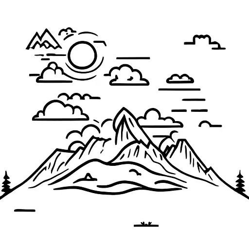 A simple cottage home with a narrow stream running beside it. Mountain in the background and moon in the sky. tattoo design idea