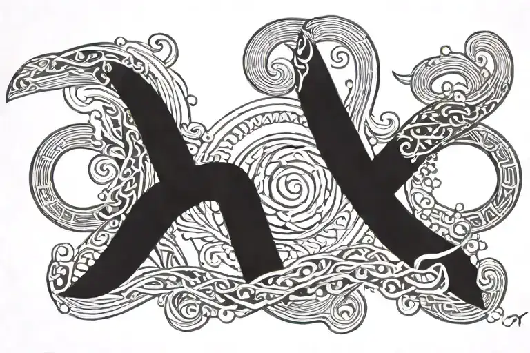 A tattoo design featuring a Metis cultural symbol intertwined with water elements to represent swimming tattoo design idea