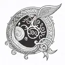 A tattoo design featuring a Metis cultural symbol intertwined with water elements to represent swimming tattoo design idea