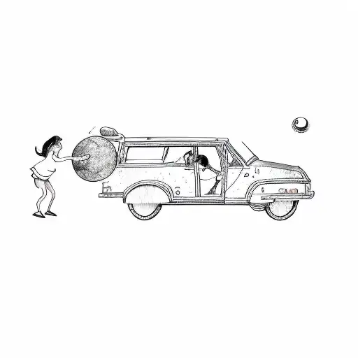 girl pushing a moon into a car's trunk (which doors are open) tattoo design idea