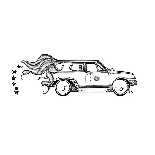 A silhouette of a girl with long hair determined and pushing a very very big moon into her car trunk  tattoo design idea
