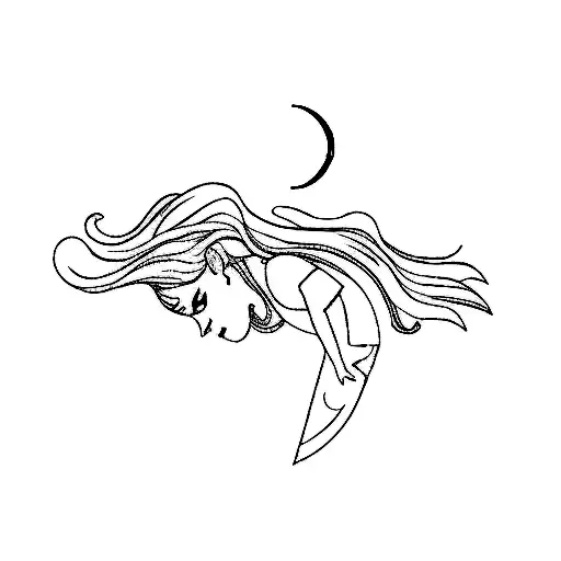 A silhouette of a girl with a determined posture, pushing a huge crescent moon into a car trunk tattoo design idea