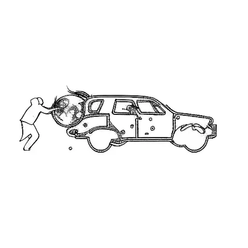 A silhouette of a girl with a determined posture, pushing a huge crescent moon into a car trunk tattoo design idea