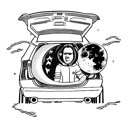 women astronaut (holding helmet, long hair) + car with full moon in the trunk tattoo design idea