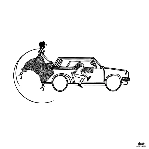  A silhouette of a girl pushing a huge detailed moon in her car trunk tattoo design idea
