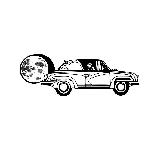 car with open trunk doors, and inside the trunk theres a big round moon. a girl is driving the car tattoo design idea