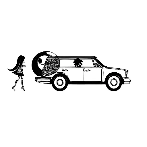 full color silhouette of girl  in the back of the car pushing a very very big moon into car trunk with doors open above tattoo design idea