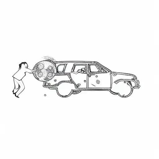girl pushing a moon into a car's trunk (which doors are open) tattoo design idea