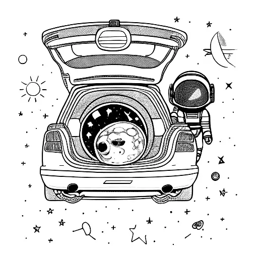 women astronaut with helmet off, face shown) + car with full moon in the trunk tattoo design idea