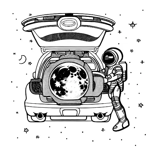 girl astronaut with long hair, no helmet on (no helmet, long hair) + car with full moon in the trunk tattoo design idea