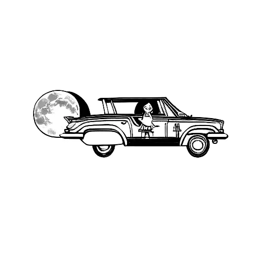  a girl driving the car and she has a huge round moon in her car trunk (trunks doors cant close) tattoo design idea