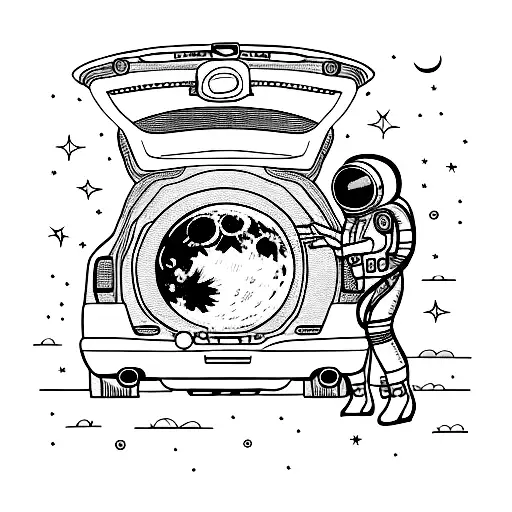 women astronaut (her helmet off, face shown) + car with full moon in the trunk tattoo design idea