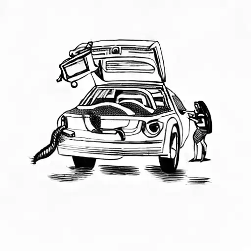 a female astronaut opening the trunk of a car. there is a full moon inside the trunk tattoo design idea