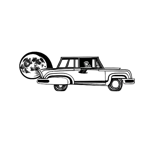  a girl driving (in the window) and she has a huge round moon in her car trunk (trunks doors are open on the huge moon) tattoo design idea
