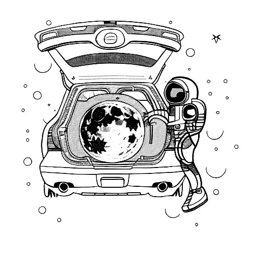 women astronaut + car with a big full moon in the trunk tattoo design idea