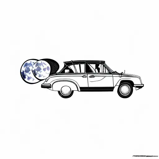 car with open trunk doors, and inside the trunk theres a big round moon. a girl is driving the car tattoo design idea