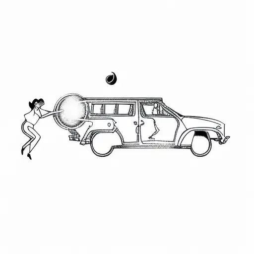 A silhouette of a girl with a determined posture, pushing a crescent moon into a car trunk which's doors are open tattoo design idea