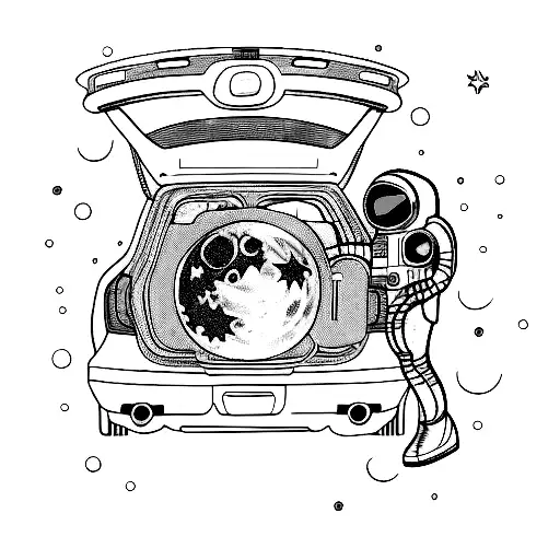 female astronaut + car with a full moon in the trunk tattoo design idea