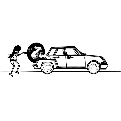 full color silhouette of girl pushing a very very big moon into open car trunk from the back of the car (smaller car) tattoo design idea
