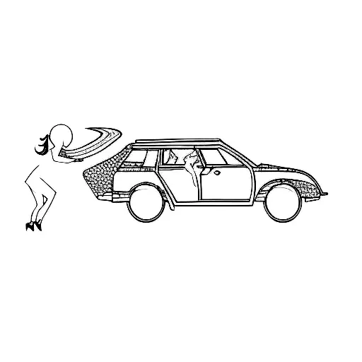 A silhouette of a girl with a determined posture, pushing a crescent moon into a car trunk which's doors are open tattoo design idea