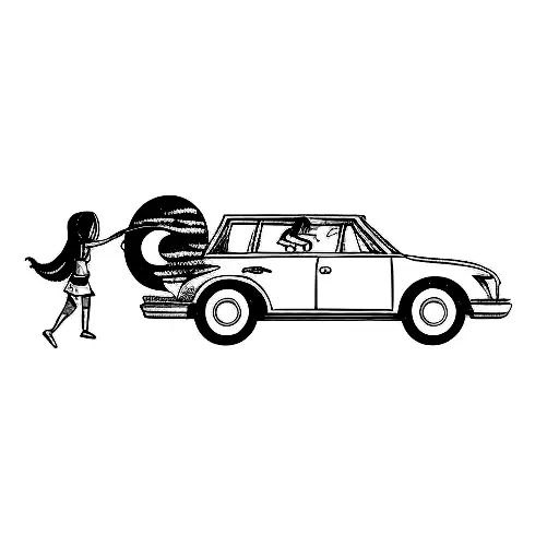full color silhouette of girl pushing a very very big moon into above open doored car trunk from the back of the car tattoo design idea