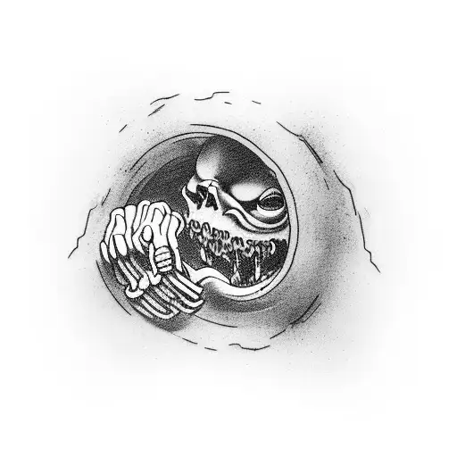 a dark hole in the ground with arms trying to hold him back and pull a man doen tattoo design idea