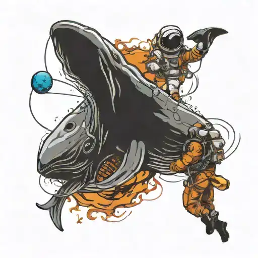 an astronaut fishes next to a sperm whale tattoo design idea