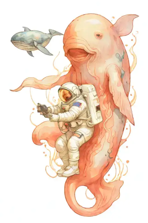 an astronaut fishes next to a sperm whale tattoo design idea