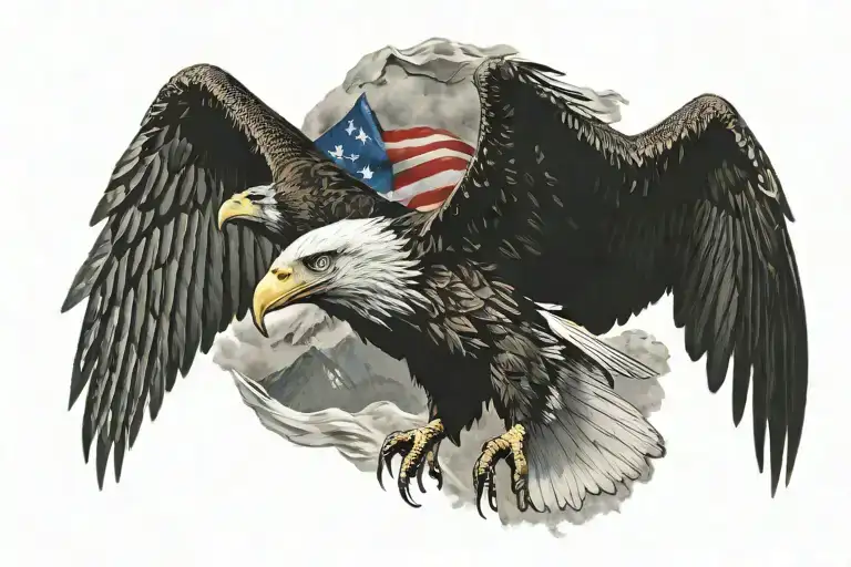 bugling bull elk mountains American flag bald eagle tattoo design idea
