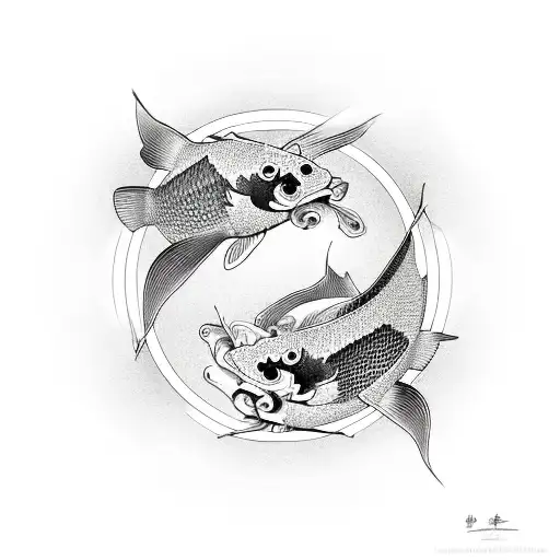 2 Koi Fish in circle minimalist ,10 cm, shaded, one fish darker shades, the other fish lightshades, circling around  tattoo design idea