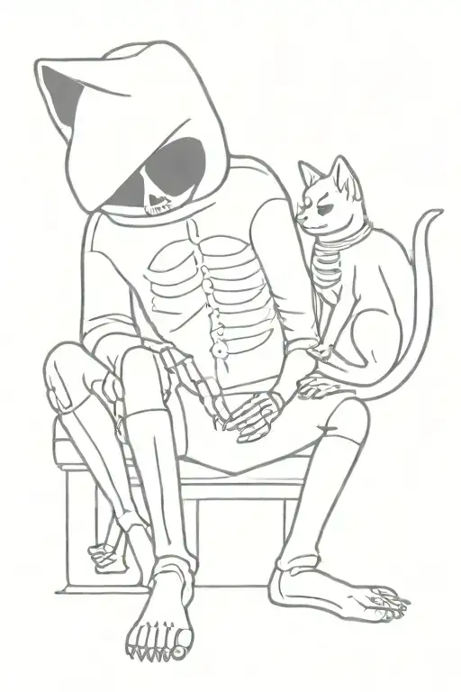 skeleton petting a cat on its lap wearing a hood tattoo design idea