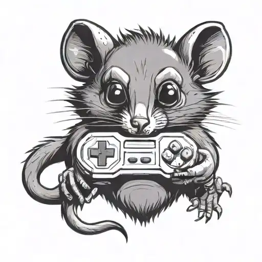 cartoon  possum with gaming controller in hands tattoo design idea