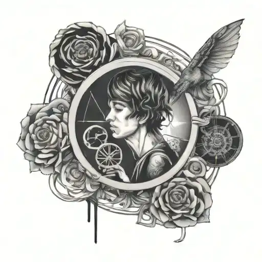 Design a black and grey tattoo featuring a silhouette of the band Bring Me The Horizon with musical elements intertwined tattoo design idea