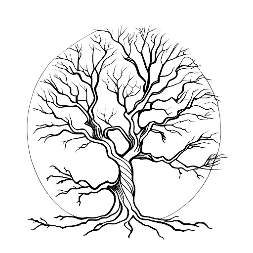 oak tree like a drawing with roots floating in the air and there are things hanged in some branches of the tree, tattoo design idea
