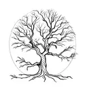oak tree like a drawing with roots floating in the air and there are things hanged in some branches of the tree, tattoo design idea