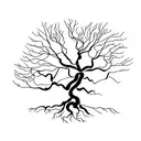 oak tree like a drawing with roots floating in the air and there are things hanged in some branches of the tree, tattoo design idea