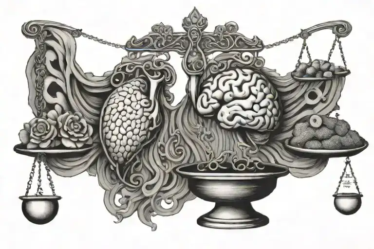 Weighing the heart and brain on the scales balancing life tattoo design idea
